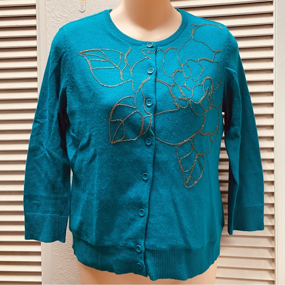 Tabitha cashmere blend teal chain cardigan sweater small.